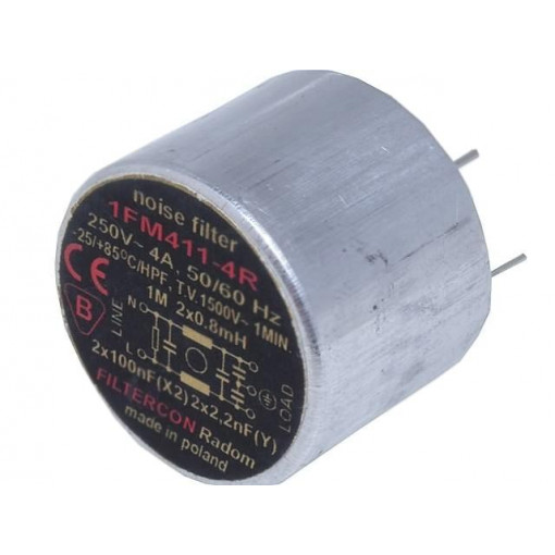 1FM411-4R; Filter: anti-interference; 250VAC; Cx: 100nF; Cy: 2.2nF; 0.5mH; THT; FILTERCON 1FM411-4R; Filter: anti-interference; 250VAC; Cx: 100nF; Cy: 2.2nF; 0.5mH; THT; FILTERCON