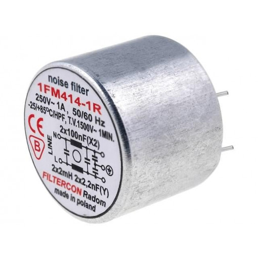 1FM414-1R; Filter: anti-interference; 250VAC; Cx: 100nF; Cy: 2.2nF; 2mH; THT; 1A; FILTERCON 1FM414-1R; Filter: anti-interference; 250VAC; Cx: 100nF; Cy: 2.2nF; 2mH; THT; 1A; FILTERCON