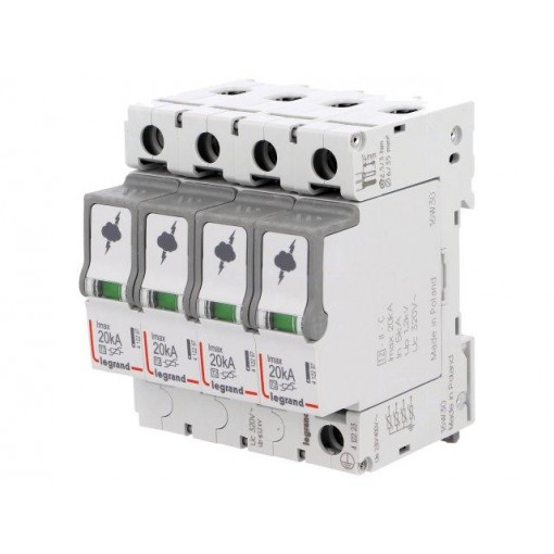 T2 20KA 4P; Surge arrestor; Type 2; Poles: 4; 20kA; 320VAC; Mounting: DIN; IP20; LEGRAND