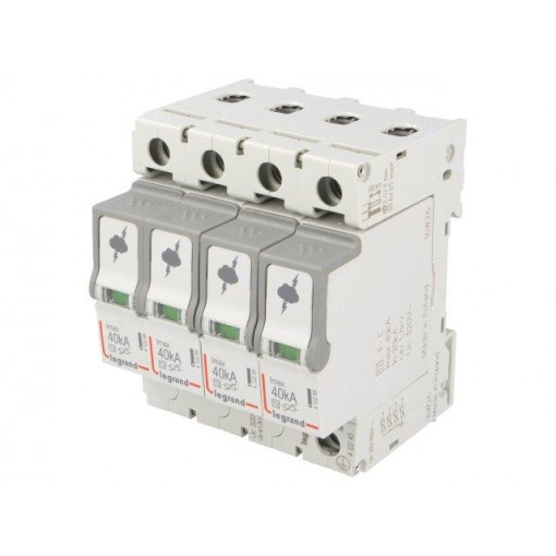 T2 40KA 4P; Surge arrestor; Type 2; Poles: 4; 40kA; 320VAC; Mounting: DIN; IP20; LEGRAND