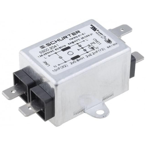 5500.2041; Filter: anti-interference; 250VAC; Cx: 15nF; Cy: 2.2nF; 0.8mH; SCHURTER 5500.2041; Filter: anti-interference; 250VAC; Cx: 15nF; Cy: 2.2nF; 0.8mH; SCHURTER