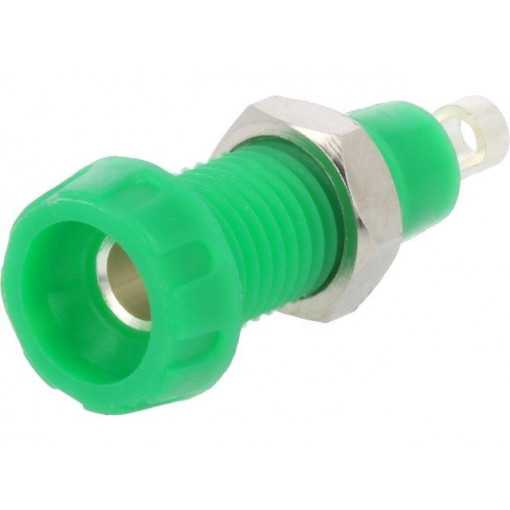 563-0400; Socket; 4mm banana; 10A; 250VAC; 28.5mm; green; nickel plated; 10mΩ; DELTRON