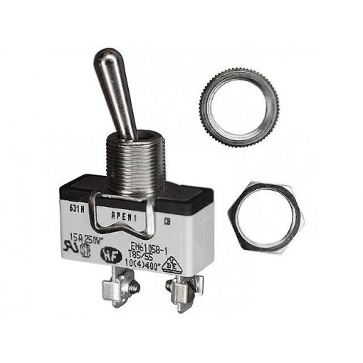 631H; Switch: toggle; Pos: 2; SPST; OFF-ON; 15A/250VAC; 15A/12VDC; APEM