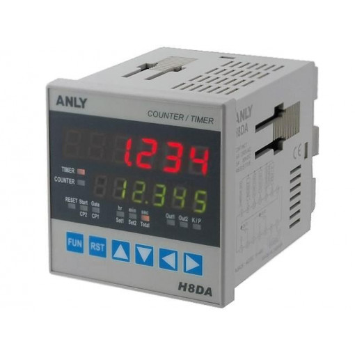 H8DA 12-48V AC/DC; Counter: electronical; 2x LED; time/pulses; SPDT; IN 1: NPN,PNP; ANLY ELECTRONICS H8DA 12-48V AC/DC; Counter: electronical; 2x LED; time/pulses; SPDT; IN 1: NPN,PNP; ANLY ELECTRONICS
