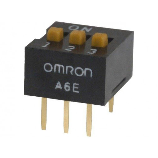 A6E-3104-N; Switch: DIP-SWITCH; Poles number: 3; ON-OFF; 0.025A/24VDC; Pos: 2; OMRON OCB