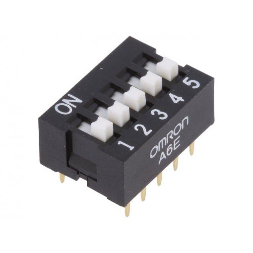 A6E-5104-N; Switch: DIP-SWITCH; Poles number: 5; ON-OFF; 0.025A/24VDC; Pos: 2; OMRON OCB