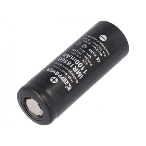 IMR18500 1100MAH HIGH DRAIN; Re-battery: Li-Ion; 18500; 3.7V; 1100mAh; Ø18.5x50mm; 10A; KEEPPOWER