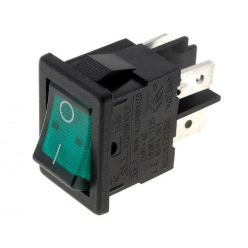 H8553VBBG3076W; ROCKER; DPST; Pos: 2; OFF-ON; 10A/250VAC; 10A/28VDC; green; BULGIN