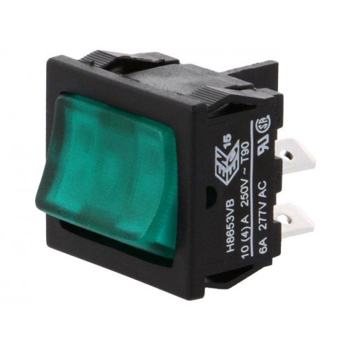 H8653VBBG3; ROCKER; DPST; Pos: 2; OFF-ON; 10A/250VAC; 10A/28VDC; green; BULGIN