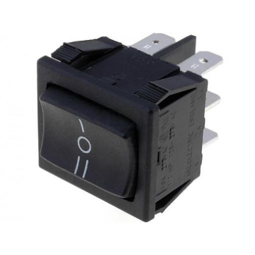 H8670VBBB141W; ROCKER; DP3T; Pos: 3; ON-OFF-ON; 10A/250VAC; 10A/28VDC; black; none; BULGIN
