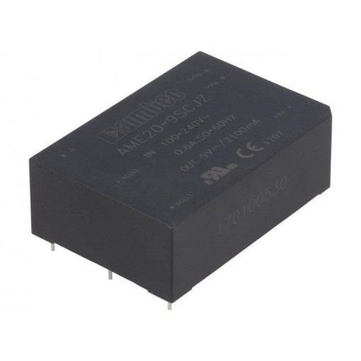 AME20-9SCJZ; Converter: AC/DC; 20W; Uout: 9VDC; Iout: 2.1A; 77%; Mounting: PCB; AIMTEC