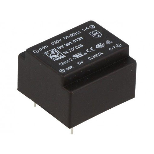 BV 201 0128; Transformer: encapsulated; 0.35VA; 230VAC; 6V; 58mA; Mounting: PCB; HAHN