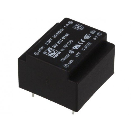 BV 201 0145; Transformer: encapsulated; 0.35VA; 230VAC; 12V; 29mA; Mounting: PCB; HAHN