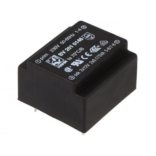 BV 201 0146; Transformer: encapsulated; 0.35VA; 230VAC; 12V; 12V; 15mA; 15mA; HAHN