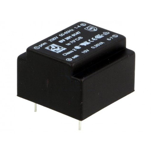BV 201 0147; Transformer: encapsulated; 0.35VA; 230VAC; 15V; 23mA; Mounting: PCB; HAHN