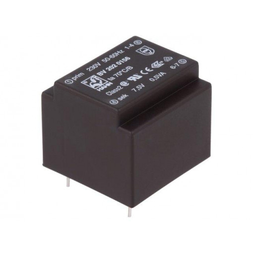 BV 202 0156; Transformer: encapsulated; 0.5VA; 230VAC; 7.5V; 67mA; Mounting: PCB; HAHN