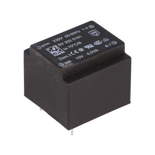 BV 202 0161; Transformer: encapsulated; 0.5VA; 230VAC; 15V; 33mA; Mounting: PCB; HAHN