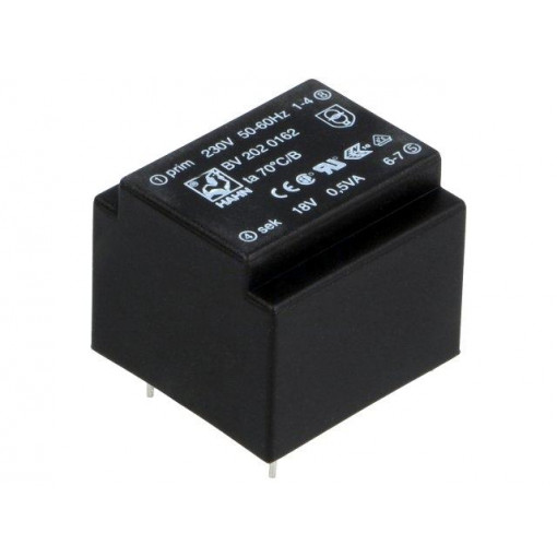 BV 202 0162; Transformer: encapsulated; 0.5VA; 230VAC; 18V; 28mA; Mounting: PCB; HAHN
