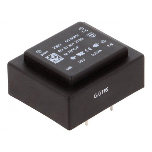 BV EI 301 2783; Transformer: encapsulated; 0.5VA; 230VAC; 10V; 50mA; Mounting: PCB; HAHN BV EI 301 2783; Transformer: encapsulated; 0.5VA; 230VAC; 10V; 50mA; Mounting: PCB; HAHN