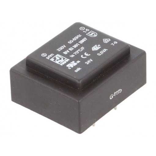 BV EI 301 2807; Transformer: encapsulated; 0.5VA; 230VAC; 24V; 21mA; Mounting: PCB; HAHN BV EI 301 2807; Transformer: encapsulated; 0.5VA; 230VAC; 24V; 21mA; Mounting: PCB; HAHN