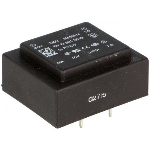 BV EI 301 2845; Transformer: encapsulated; 0.5VA; 230VAC; 15V; 33mA; Mounting: PCB; HAHN