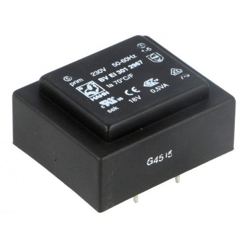 BV EI 301 2967; Transformer: encapsulated; 0.5VA; 230VAC; 18V; 28mA; Mounting: PCB; HAHN BV EI 301 2967; Transformer: encapsulated; 0.5VA; 230VAC; 18V; 28mA; Mounting: PCB; HAHN