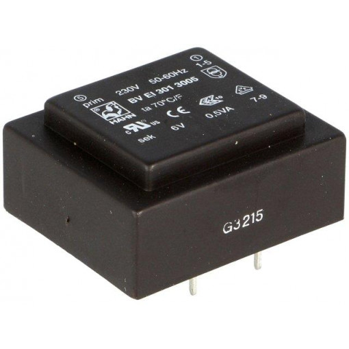 BV EI 301 3005; Transformer: encapsulated; 0.5VA; 230VAC; 6V; 83mA; Mounting: PCB; HAHN BV EI 301 3005; Transformer: encapsulated; 0.5VA; 230VAC; 6V; 83mA; Mounting: PCB; HAHN