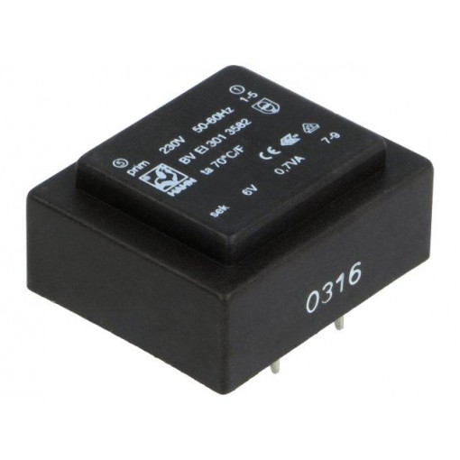 BV EI 301 3582; Transformer: encapsulated; 0.7VA; 230VAC; 6V; 117mA; Mounting: PCB; HAHN BV EI 301 3582; Transformer: encapsulated; 0.7VA; 230VAC; 6V; 117mA; Mounting: PCB; HAHN