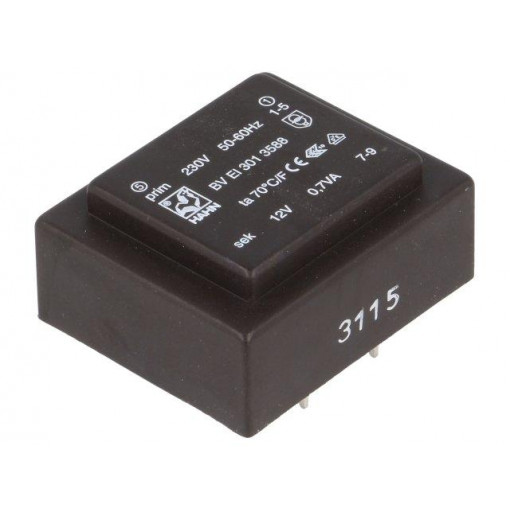 BV EI 301 3588; Transformer: encapsulated; 0.7VA; 230VAC; 12V; 58mA; Mounting: PCB; HAHN BV EI 301 3588; Transformer: encapsulated; 0.7VA; 230VAC; 12V; 58mA; Mounting: PCB; HAHN