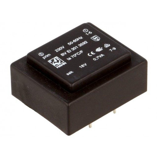 BV EI 301 3592; Transformer: encapsulated; 0.7VA; 230VAC; 18V; 39mA; Mounting: PCB; HAHN BV EI 301 3592; Transformer: encapsulated; 0.7VA; 230VAC; 18V; 39mA; Mounting: PCB; HAHN