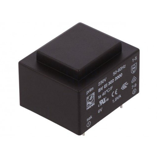 BV EI 302 2000; Transformer: encapsulated; 1.8VA; 230VAC; 6V; 300mA; Mounting: PCB; HAHN BV EI 302 2000; Transformer: encapsulated; 1.8VA; 230VAC; 6V; 300mA; Mounting: PCB; HAHN