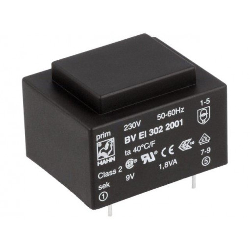 BV EI 302 2001; Transformer: encapsulated; 1.8VA; 230VAC; 9V; 200mA; Mounting: PCB; HAHN BV EI 302 2001; Transformer: encapsulated; 1.8VA; 230VAC; 9V; 200mA; Mounting: PCB; HAHN