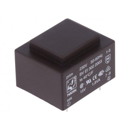 BV EI 302 2003; Transformer: encapsulated; 1.8VA; 230VAC; 15V; 120mA; Mounting: PCB; HAHN BV EI 302 2003; Transformer: encapsulated; 1.8VA; 230VAC; 15V; 120mA; Mounting: PCB; HAHN
