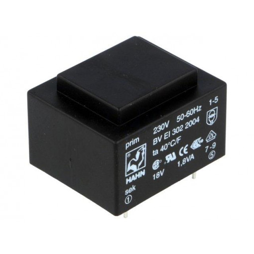 BV EI 302 2004; Transformer: encapsulated; 1.8VA; 230VAC; 18V; 100mA; Mounting: PCB; HAHN BV EI 302 2004; Transformer: encapsulated; 1.8VA; 230VAC; 18V; 100mA; Mounting: PCB; HAHN