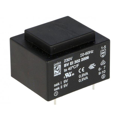 BV EI 302 2006; Transformer: encapsulated; 1.8VA; 230VAC; 9V; 9V; 100mA; 100mA; 70g; HAHN BV EI 302 2006; Transformer: encapsulated; 1.8VA; 230VAC; 9V; 9V; 100mA; 100mA; 70g; HAHN