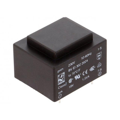 BV EI 302 2024; Transformer: encapsulated; 1.5VA; 230VAC; 18V; 83mA; Mounting: PCB; HAHN BV EI 302 2024; Transformer: encapsulated; 1.5VA; 230VAC; 18V; 83mA; Mounting: PCB; HAHN