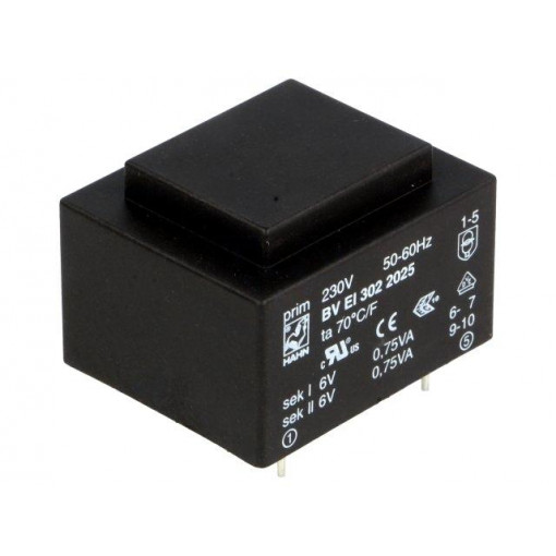 BV EI 302 2025; Transformer: encapsulated; 1.5VA; 230VAC; 6V; 6V; 125mA; 125mA; 70g; HAHN BV EI 302 2025; Transformer: encapsulated; 1.5VA; 230VAC; 6V; 6V; 125mA; 125mA; 70g; HAHN