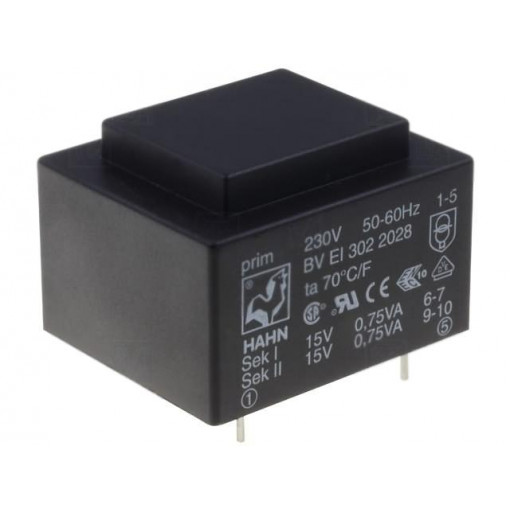 BV EI 302 2028; Transformer: encapsulated; 1.5VA; 230VAC; 15V; 15V; 50mA; 50mA; 70g; HAHN BV EI 302 2028; Transformer: encapsulated; 1.5VA; 230VAC; 15V; 15V; 50mA; 50mA; 70g; HAHN