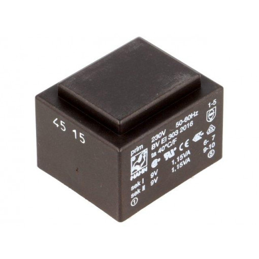 BV EI 303 2016; Transformer: encapsulated; 2.3VA; 230VAC; 9V; 9V; 127mA; 127mA; 81g; HAHN