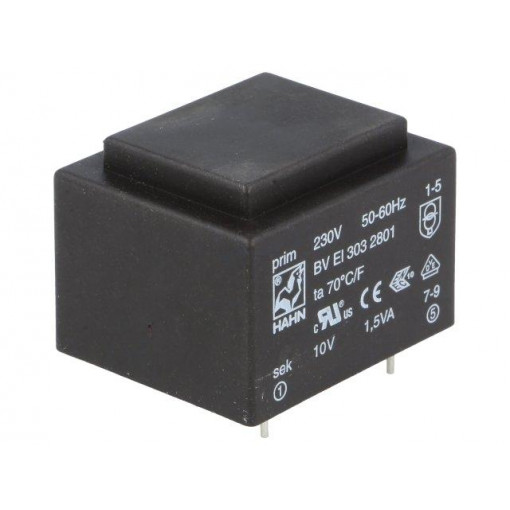 BV EI 303 2801; Transformer: encapsulated; 1.5VA; 230VAC; 10V; 150mA; Mounting: PCB; HAHN