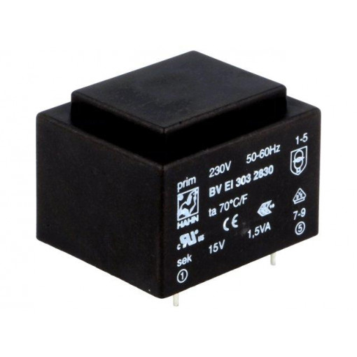 BV EI 303 2830; Transformer: encapsulated; 1.5VA; 230VAC; 15V; 100mA; Mounting: PCB; HAHN
