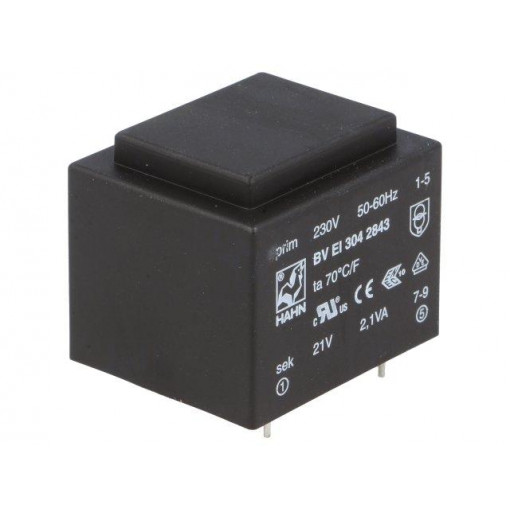 BV EI 304 2843; Transformer: encapsulated; 2.1VA; 230VAC; 21V; 100mA; Mounting: PCB; HAHN