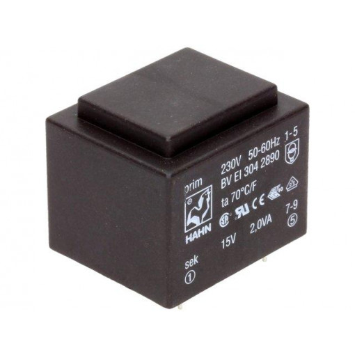 BV EI 304 2890; Transformer: encapsulated; 2VA; 230VAC; 15V; 133mA; Mounting: PCB; HAHN