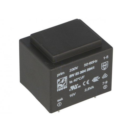 BV EI 304 2941; Transformer: encapsulated; 2.6VA; 230VAC; 10V; 260mA; Mounting: PCB; HAHN