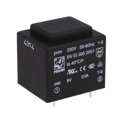 BV EI 305 2051; Transformer: encapsulated; 3VA; 230VAC; 9V; 334mA; Mounting: PCB; HAHN