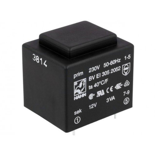 BV EI 305 2052; Transformer: encapsulated; 3VA; 230VAC; 12V; 250mA; Mounting: PCB; HAHN