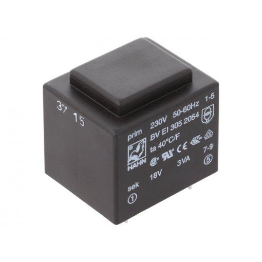 BV EI 305 2054; Transformer: encapsulated; 3VA; 230VAC; 18V; 167mA; Mounting: PCB; HAHN