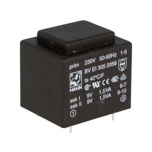 BV EI 305 2056; Transformer: encapsulated; 3VA; 230VAC; 9V; 9V; 167mA; 167mA; 111g; HAHN
