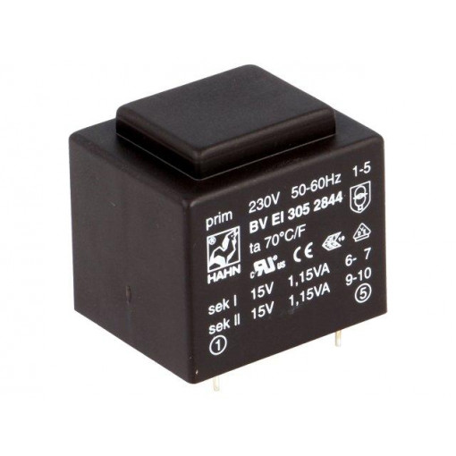 BV EI 305 2844; Transformer: encapsulated; 2.3VA; 230VAC; 15V; 15V; 76mA; 76mA; 111g; HAHN BV EI 305 2844; Transformer: encapsulated; 2.3VA; 230VAC; 15V; 15V; 76mA; 76mA; 111g; HAHN