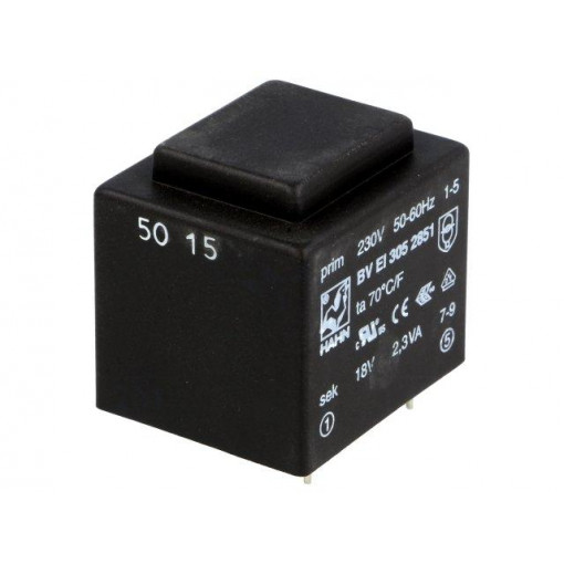 BV EI 305 2851; Transformer: encapsulated; 2.3VA; 230VAC; 18V; 128mA; Mounting: PCB; HAHN